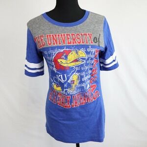 Kansas Jayhawks T-Shirt Top Womens Medium Adidas Crew Neck Tee Blue Short Sleeve